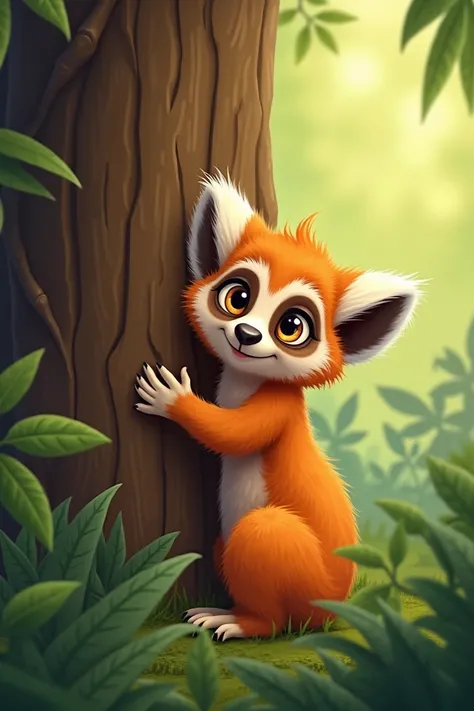 An illustration of a friendly lemur with orange skin hiding behind a tree