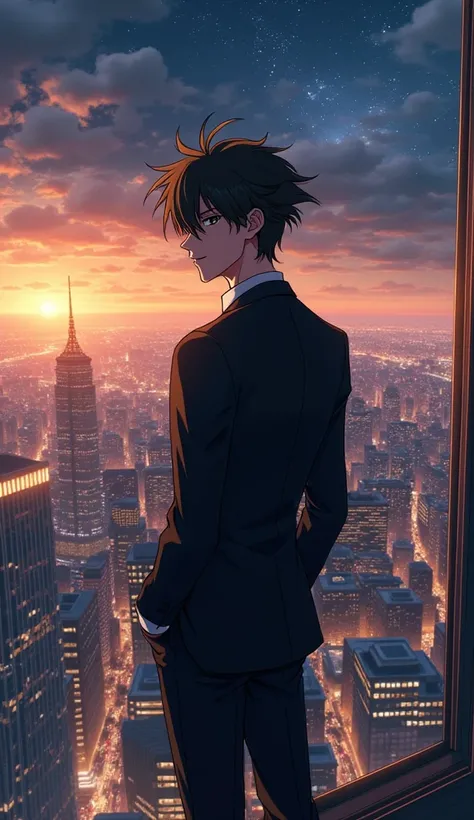 Haruto, in his anime style, stands at the edge of a grand rooftop terrace atop a towering skyscraper, overlooking the sprawling city below. The night sky stretches out in front of him, with twinkling stars and a glowing cityscape. His sharp eyes reflect th...