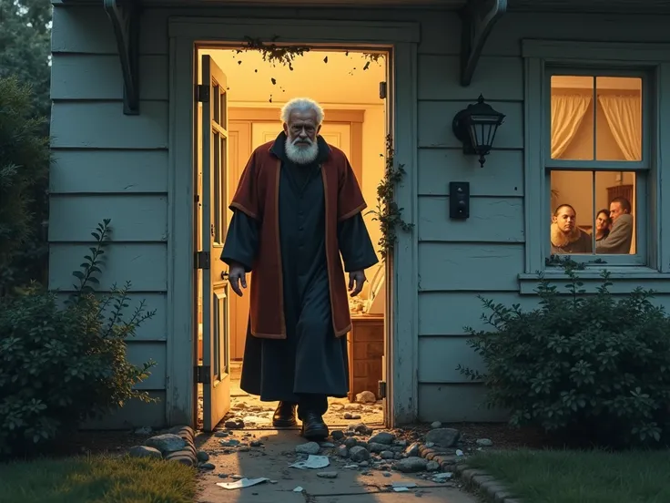 Old priest breaks into the house breaking down the front door of the house