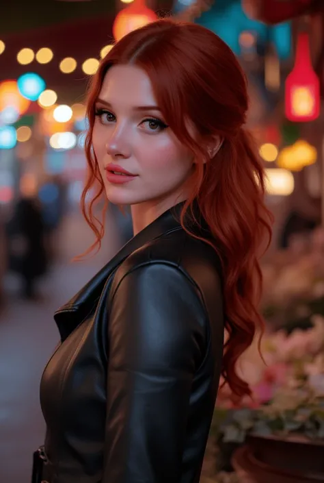 Super Detailed midbody image of Sophie Turner, red wavy hair, fierce look, leather jacket, standing in a turkish marketplace, perfect make-up, looking away from camera, cannon 6d, octane render, striking, smiling, happy, expressive look, alluring look, det...