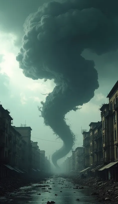 Cinematic portrait of the natural disaster of a tornado, black clouds in the form of a dragon snake, on the streets of a devastated city