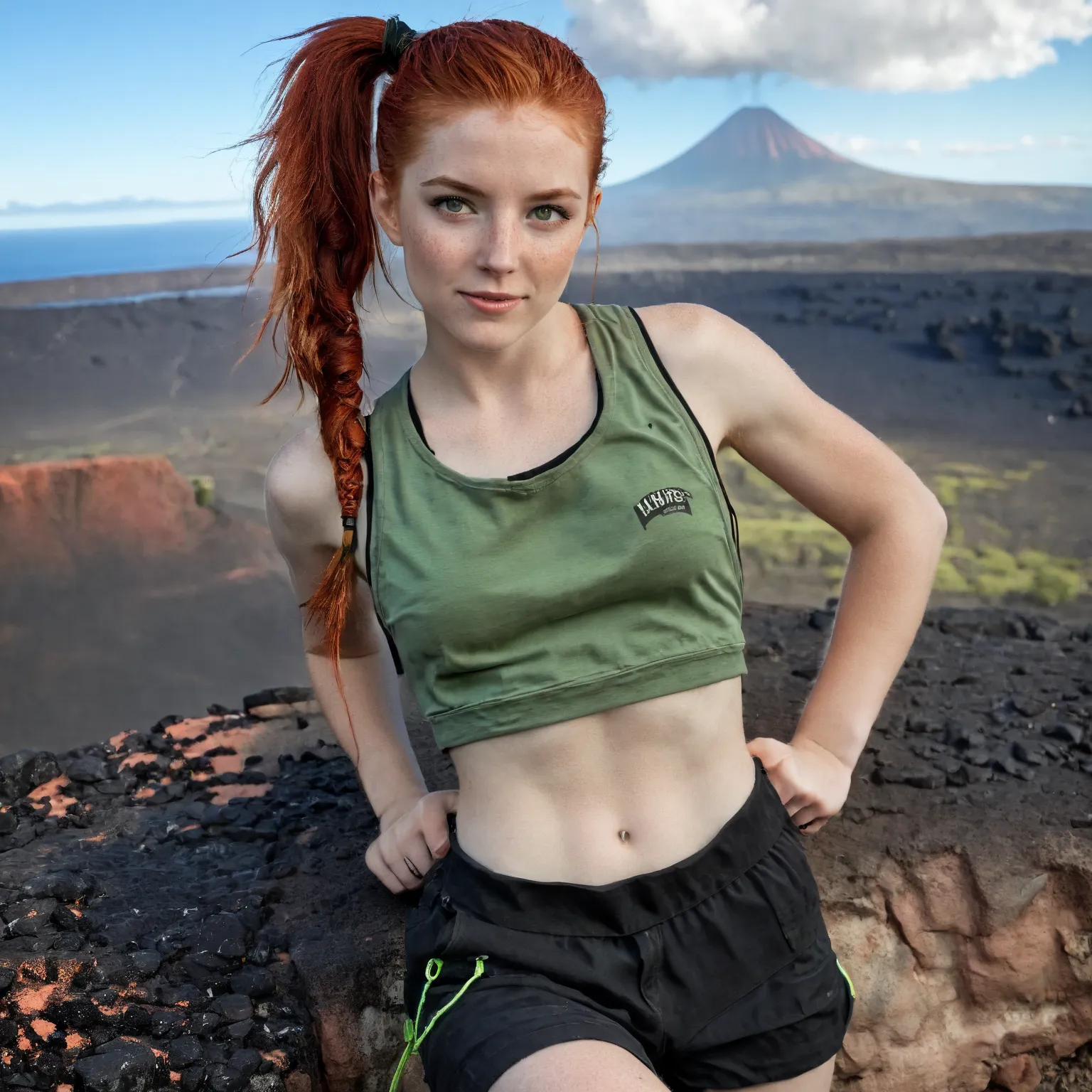 a solo 18 year old beautiful woman. long red hair tied back in a messy ponytail. very pale skin with detailed freckles. beautifu...