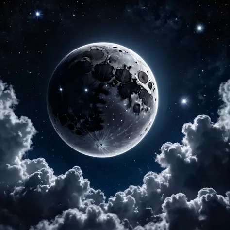 A beautifully detailed picture of a dark moon, clouds in the sky with stars.