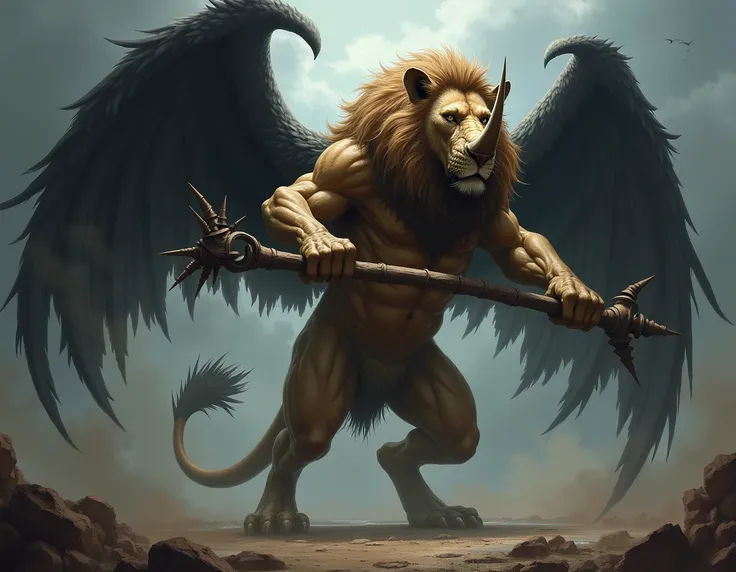  Create an extremely muscular and giant lion with the horn of a rhinoceros , with giant black wings and with spines on the wings ,  the lion walks on two legs and the other two front legs he holds a rod full of nails at the end and he is furious