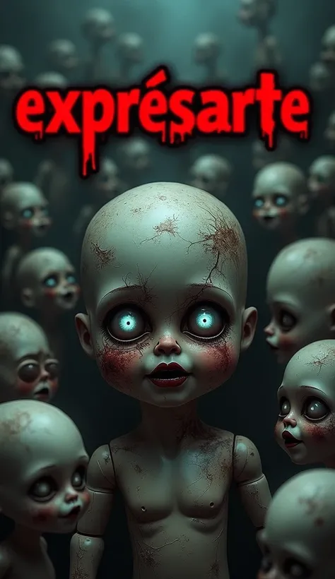 " Doll Eyes "
bottom:  A mutilated doll with bright eyes and a background full of more dolls.
text: "LA ISLA DE LAS MUÑECAS" "EXPRÉSARTE" in red with black shadow .