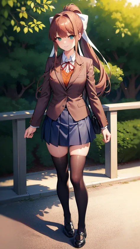 ddlcmonika, ddlcmonika, blunt bangs, brown hair, green eyes, long hair, ponytail, ribbon, white ribbon, hair ribbon, sidelocks,
BREAK black thighhighs, blue skirt, brown jacket, jacket, long sleeves, mary janes, over-kneehighs, pleated skirt, school unifor...