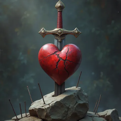  a heart pierced by a sword "Excalibur" Of King Arthur ,  and that the sword is also nailed to a stone