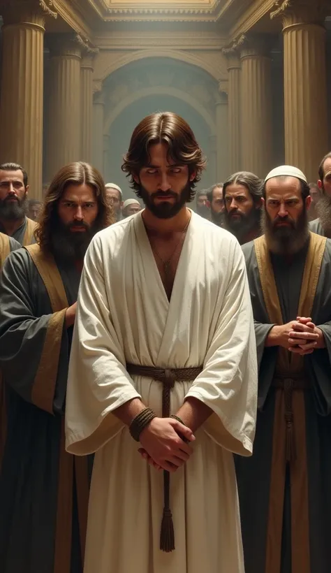  Create a young man with hair up to half his neck, brown color and beard ,  dressed in white robes ,  long sleeves style biblical times ,  sad, with his hands tied standing in front of Jewish priests, In a temple of biblical times .