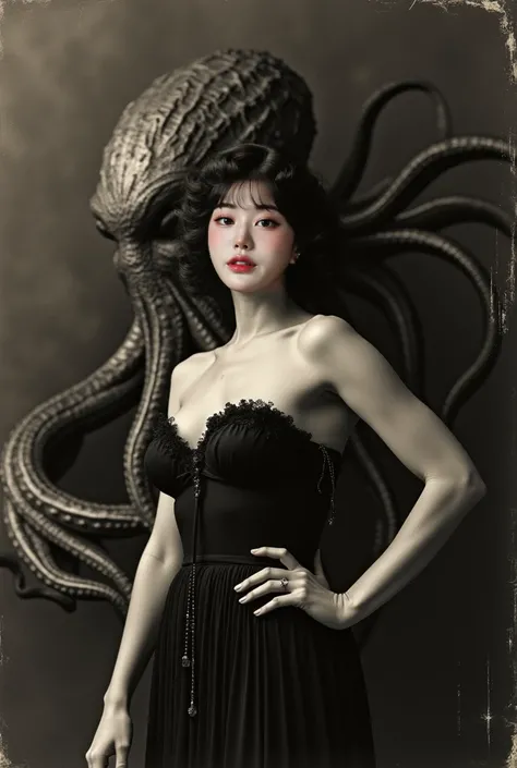 1920s, Whore, Black and white photos, Horror Atmosphere, Cthulhu, Tentacles, Mythic Creature Backgrounds, 60s horror movie poster, Half and half, European, adult magazine model pose, Colorful and classy Sexy Dress, one woman, low resolution, realistic rend...