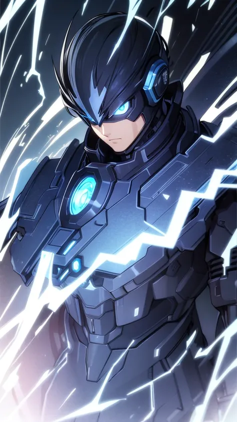 technology parts, cyborg, black hero suit, male, anime, cybernetic parts, black hair with blue streaks, technology, blue eyes, best quality, 4K, My Hero Academia, Boku no Hero 