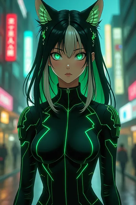 My hero academia girl, long black and white hair, emerald green eyes, cyberpunk, black and green outfit, hacker