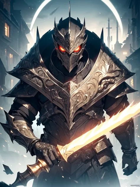 (((best quality, sharp image, clear image, cinematic lighting, 8k resolution, masterpiece, ultra detailed, intricate))) Male, 30 years, revenant, ghostly, plate armour, ((mace, shield)), cleric, glowing eyes