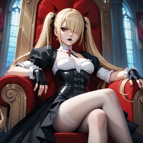 1girl, crossing legs, legs crossed, eyeliner, black lipstick, serious, sitting on a throne, hair over eye, twintails, red eyes, black vampire dress, short dress, pantyhose, black gloves, fingerless gloves, corset, medium breasts, solo, blonde hair, blunt b...