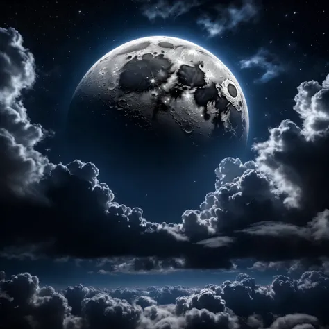 ((Masterpiece)), ((highres)), ((HD)), A beautifully detailed picture of a dark moon, clouds in the sky with stars.