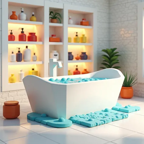 Create a realistic image of a bathtub inspired by the Roblox universe. The bathtub is oversized and blocky, with the angular, geometric design characteristic of Roblox avatars. It’s filled with bubbly, bright blue water, and colorful bath toys in the shape...