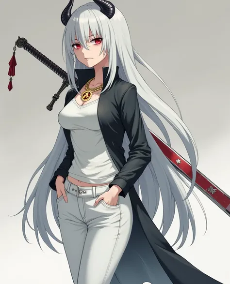 Descrição Resumida do Personagem mulher em Style Anime:**

- **Hair**:  Long and white , up to half the back.
- **Bright**:  Two curved horns emerge from the head .
- **First**: negro 
- **clothing**: shirt, tight white pants ;  golden tattoo on the torso ...