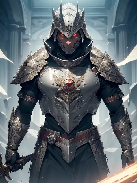 (((best quality, sharp image, clear image, cinematic lighting, 8k resolution, masterpiece, ultra detailed, intricate))) Male, 30 years, revenant, ghostly, plate armour, ((mace, shield)), cleric, red eyes