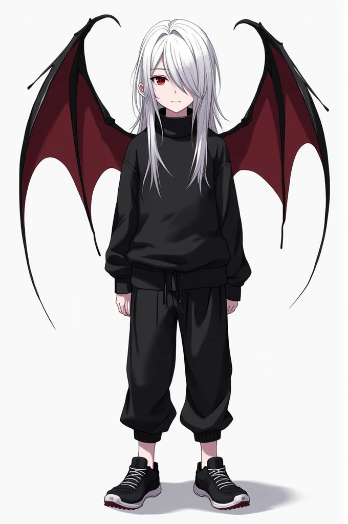  Kizuro is a young boy of full  .  Your skin is very pale ,  he has crimson red eyes ,  medium height and long straight white hair that reaches half his back .  His hair has long loose patches on each side of his head , and on the face,  distributed in a f...