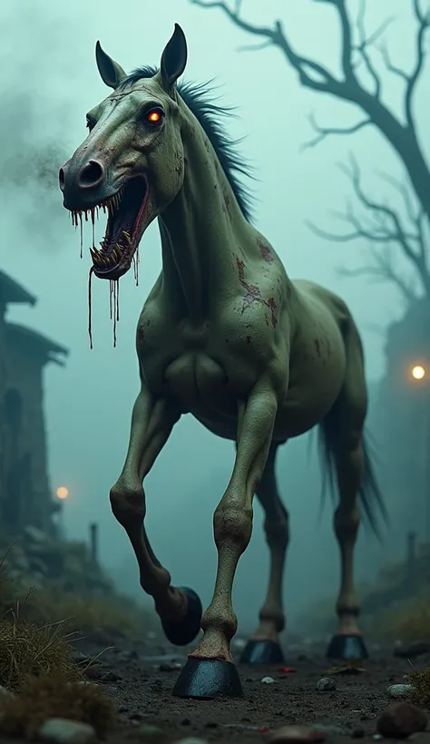 "A grotesque, zombie-like horse designed for an entertainment setting, standing in a fog-shrouded, eerie landscape. Its decaying skin is mottled with patches of exposed bone, but with an exaggerated, theatrical look—more creepy than terrifying. The horse’s...