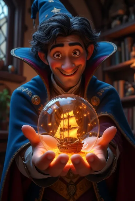 A magician looks and extends a hand in front of the camera，Magical power emits ， There is a glowing magic bubble on the hand ， A ship wrapped in the magic bubble ， grid with a flat dark background 