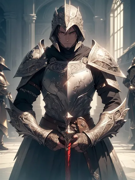 (((best quality, sharp image, clear image, cinematic lighting, 8k resolution, masterpiece, ultra detailed, intricate))) Male, 30 years, revenant, ghostly, plate armour, ((mace, shield)), cleric, red eyes