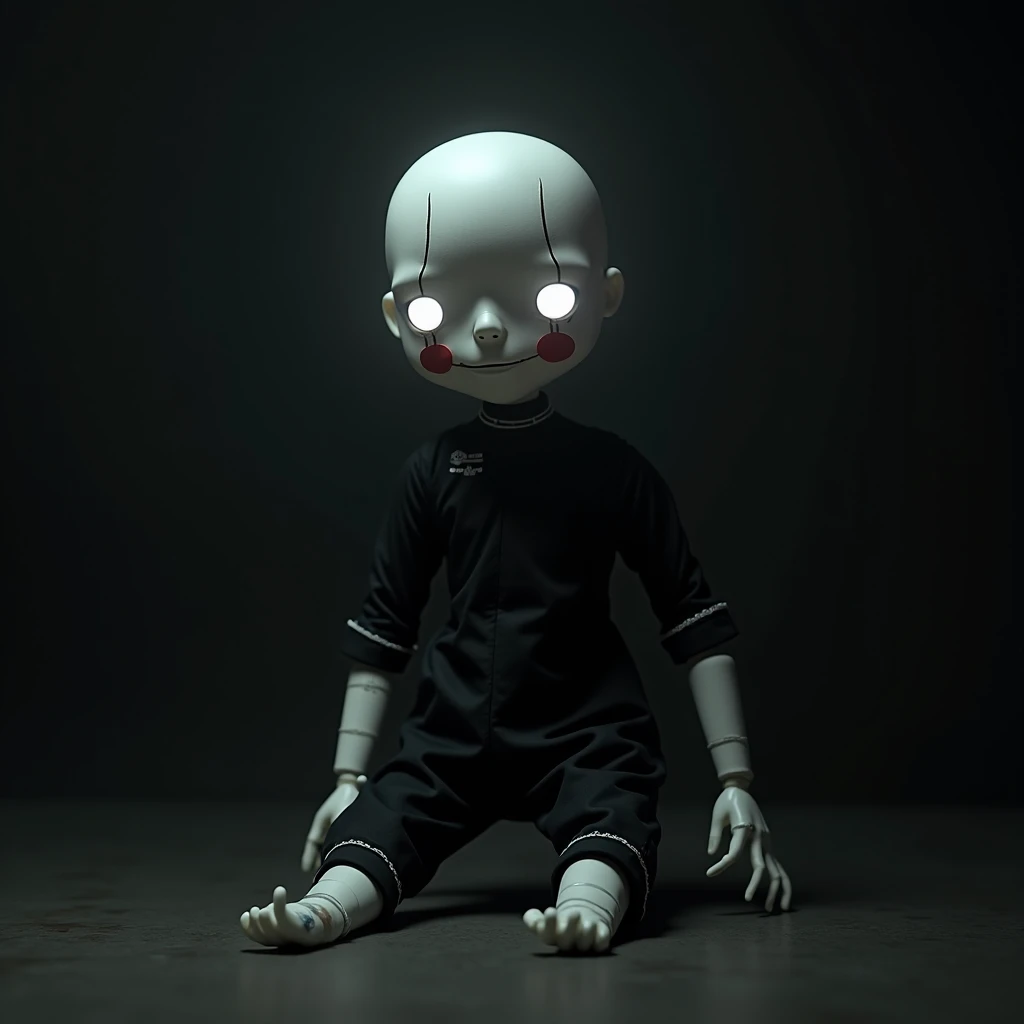 " An animatronic style doll inspired by classic puppets .  He has a slim and slightly disproportionate figure ,  with long arms and thin legs ending in elongated hands and feet ,  with a slightly sinister appearance .  His head is rounded and large in prop...