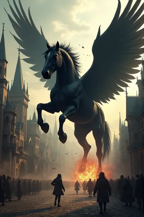 A black horse with wings destroying a medieval city