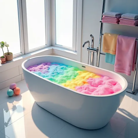 Create a realistic image of a vibrant, multicolored bath. The bathtub is a luxurious freestanding model, placed in a bright, modern bathroom. The water is swirling with multiple vibrant colors—bright pink, electric blue, neon green, and sunny yellow—creati...