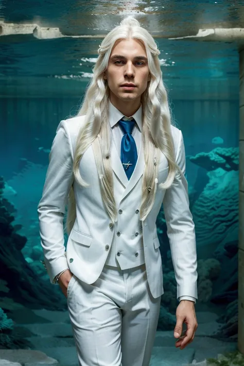 Man with long white hair dressed elegantly in a suit reminiscent of the sea and in the background an underwater palace 