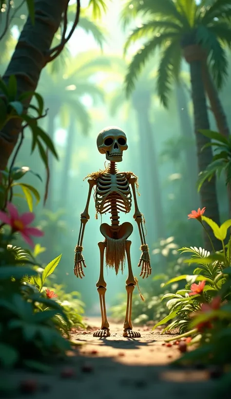 A skeleton in dark jungle 3d animated cartoon