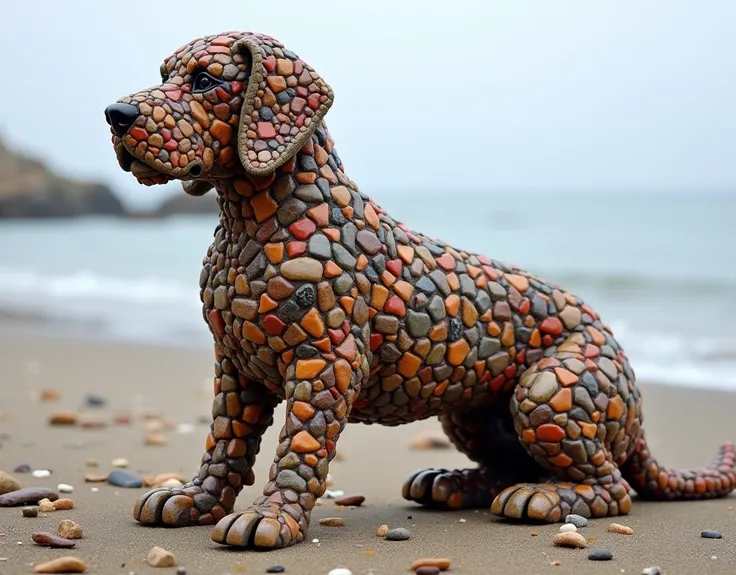 Masterpiece: A study in contrasts, presents a stunning, high-resolution (32k hires) photograph of a dog made of small stones of different colors laying on a beach, with small stones on the sand this should look like the dog was made with the stones from th...