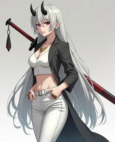 Descrição Resumida do Personagem mulher em Style Anime:**

- **Hair**:  Long and white , up to half the back.
- **Bright**:  Two curved horns emerge from the head .
- **First**: negro 
- **clothing**: shirt, tight white pants ;  golden tattoo on the torso ...