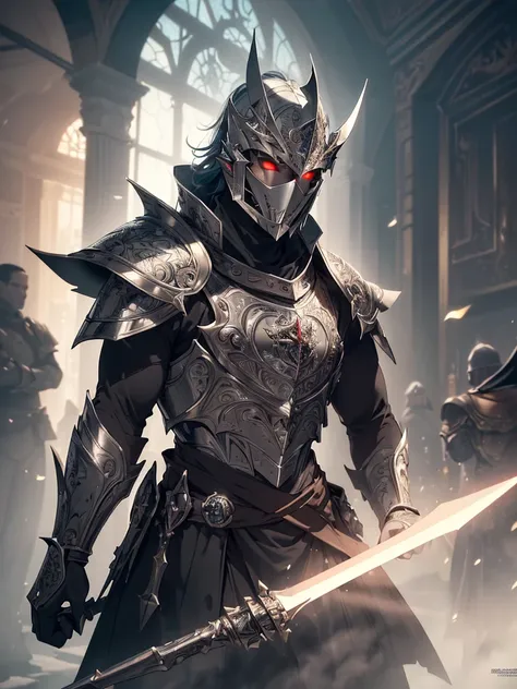 (((best quality, sharp image, clear image, cinematic lighting, 8k resolution, masterpiece, ultra detailed, intricate))) Male, 30 years, revenant, ghostly, plate armour, ((mace, shield)), cleric, red eyes