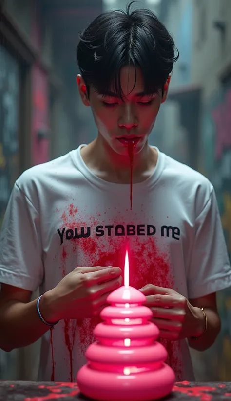  A handsome Korean young man wearing a white t-shirt with  "You stabbed me " he was holding his chest his hands were bleeding the knife pierced his chest,,,,,,  a blood-red liquid running down his chest , render 3d,  conceptual art ,  graffiti on the backs...