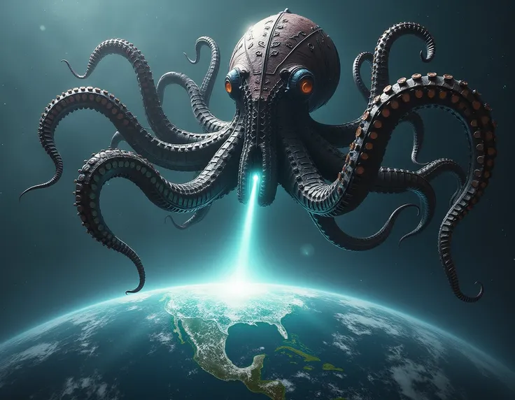  Create a giant octopus bigger than planet Earth with armor and each tentacle has a tool of destruction, Hes looking at planet Earth with a laser destroying planet 