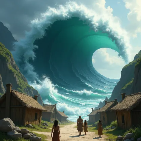 Generate a conceptual art style illustration for me. Imagine a natural disaster, a great flood (the deluge), a tsunami about to devastate a primitive Middle-earth style village.
