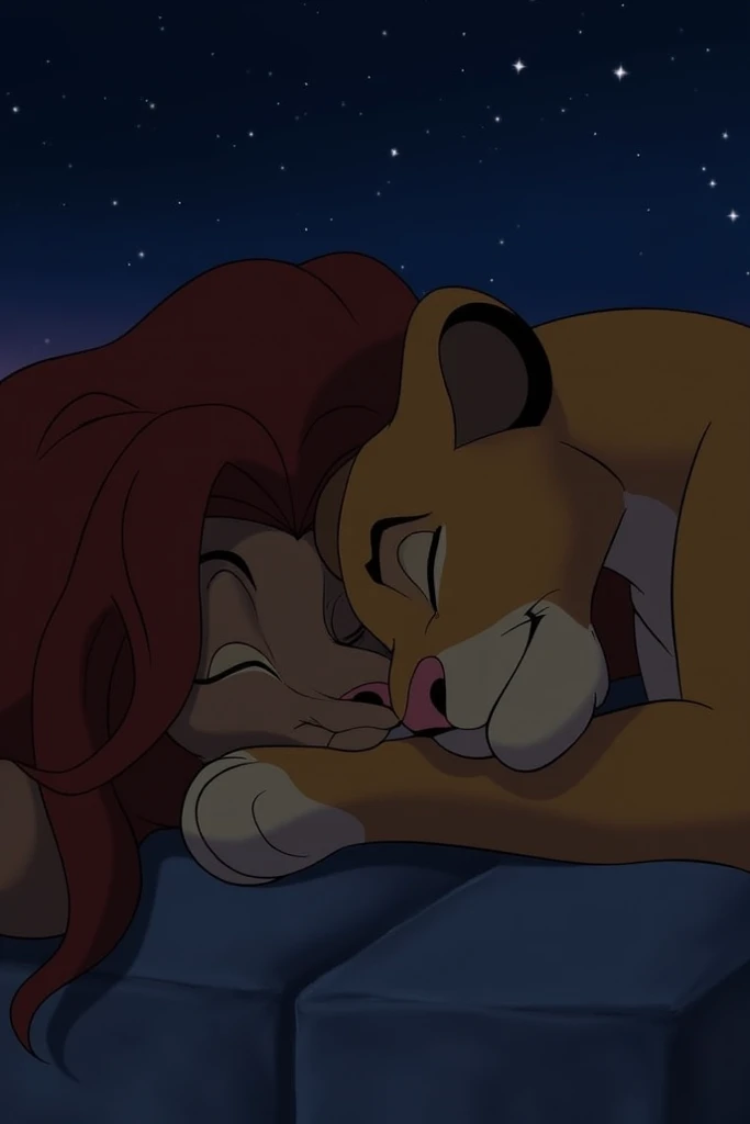 Simba sleeping with his parents at night 