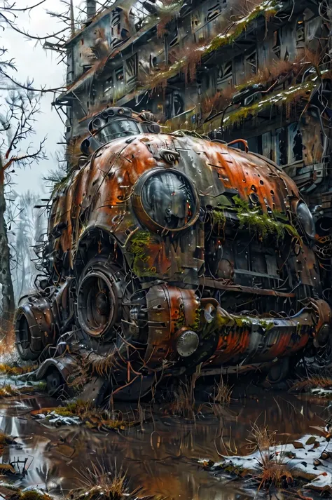 amazing quality, masterpiece, best quality, hyper detailed, ultra detailed,photo, winter, dark, dusk, an abandoned old tank, an overgrown , frame weathered and worn,rust stains and spots