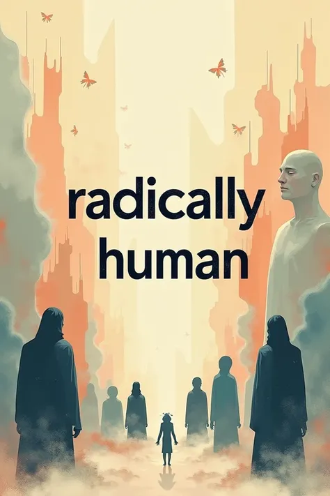  Illustration containing the phrase " radically human  "  with abstract background figures 