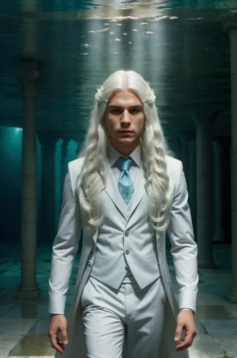 Man with long white hair dressed elegantly in a suit reminiscent of the sea and in the background an underwater palace 