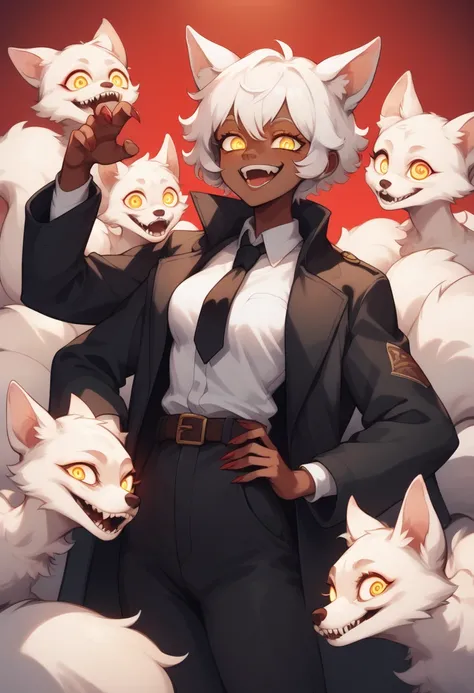 Faputa, 1girl, dark skin, dark-skinned girl, white hair, short hair, 4arms, red claws, multiple tails, yellow eyes, yawning, white fur, animal ears, smug, medium breasts, black coat, long coat, open coat, white shirt, black necktie, black pants, belt, dark...