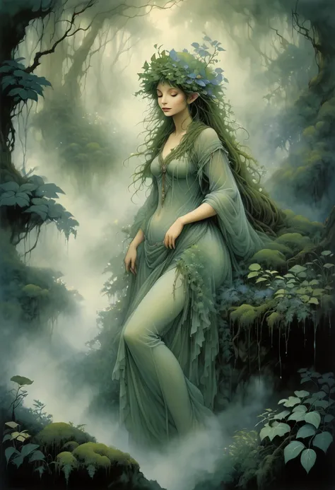 A forest nymph made from dense fog, surrounded by mist and lush vegetation. In the style of Brian Froud
