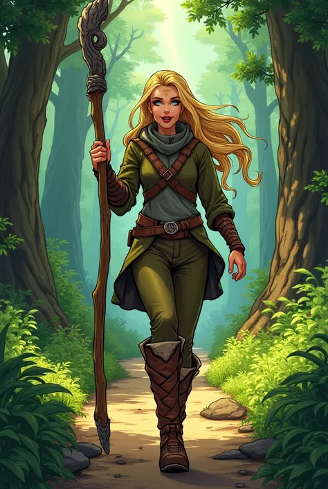 Create a comic illustration shes walking with a staff, She is a blonde with green eyes