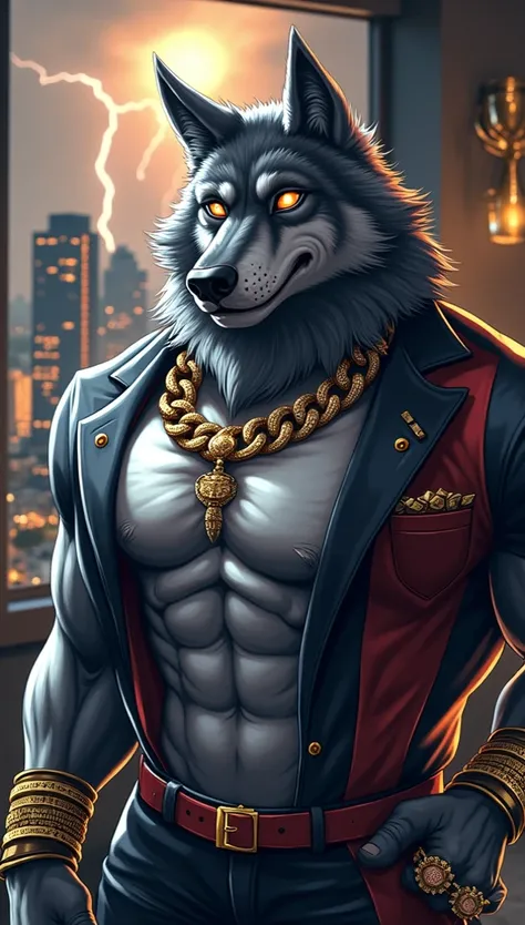 "An ultra-detailed illustration of a humanoid wolf representing Atlético Paranaense, styled as a muscular, wealthy tycoon. The wolf has a massive, bodybuilder physique, with rippling muscles and fur in shades of sleek gray and black. It is dressed in a tai...