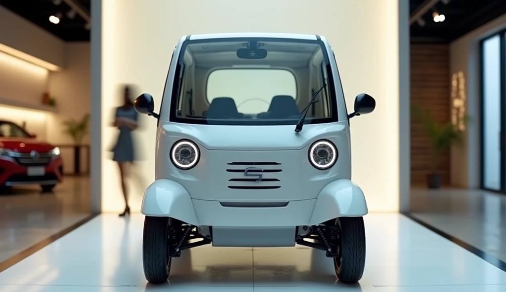 A front view of a compact, boxy quadricycle, resembling the Bajaj Qute, designed for urban commuting. The vehicle has a clean white exterior, small circular headlights, a simple grille, and a minimalistic bumper. It features a compact structure with small ...