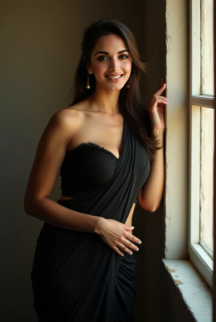 sexy  35 year old woman with ample cleavage, fit figure,Keylie jenner in black saree showing hips and navel, no loae hair, pinned hair, low quality, poor picture , wall, smile, less color, dark toned picture, sun light throw window, holding window