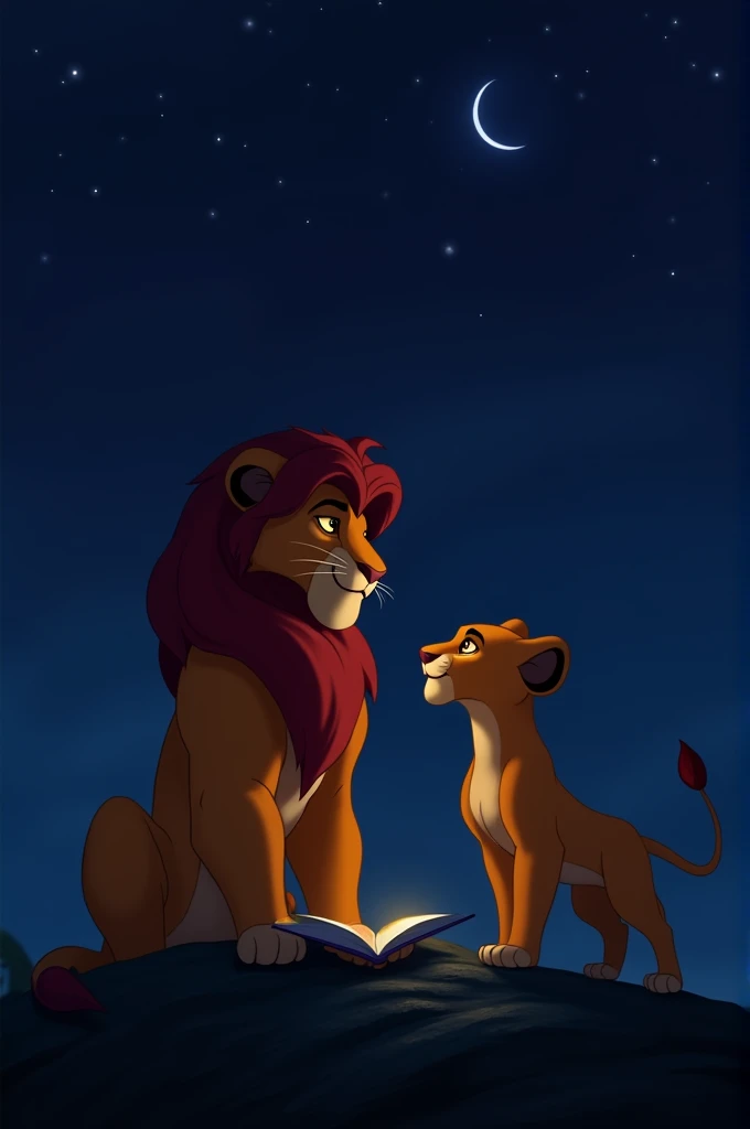 Simba reading a story to Nala at night 