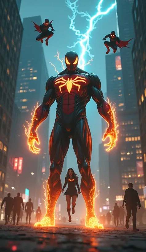 A menacing villain (a mix of Venom and a tech-powered foe) stands at the center of Gotham Citys main square, glowing with energy tendrils from an advanced device. Spider-Man swings into the scene, Supergirl hovers in the sky, and Batgirl arrives on her Bat...