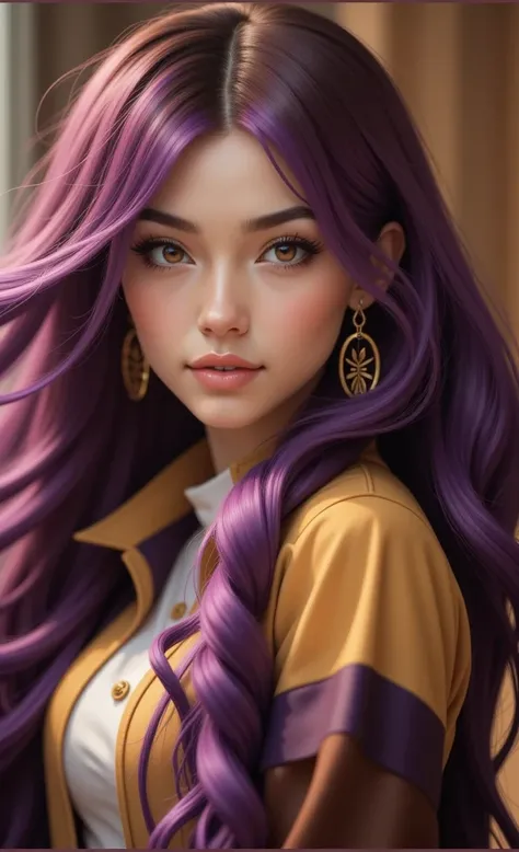 ( masterpiece ,  lyrics, realistic),  Beautiful woman with long, loose purple hair.  big breasts,  beautiful butt ,  nice legs,  slender and voluptuous sexy body , light eyes, a complete beauty . Wearing a beautiful evening dress with a large neckline.