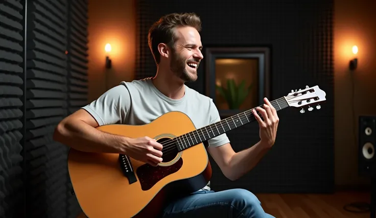 Realistic image of a man in a light t-shirt playing acoustic guitar in a studio with dark acoustic foam and modern lighting taking the entire guitar